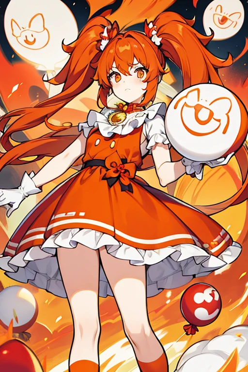 women, hair in two orange pigtails, orange eyes, clown makeup, Red nose, red and white dress, long white gloves, pay, with balloons 