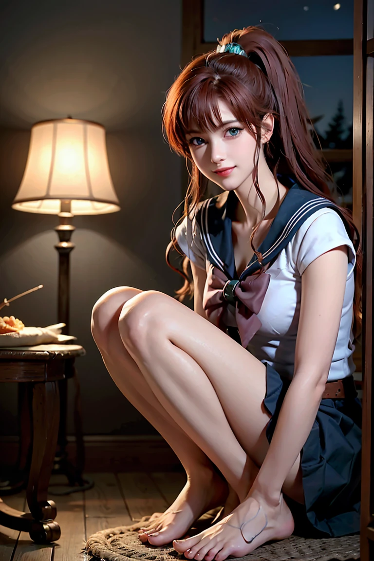 masterpiece, Highest quality, High resolution, Super detailed, smile, Woman with long red hair and bangs, Bright Blue Eyes, Beautiful girl looking at the camera, Sailor Warrior Uniforms,Front view, barefoot, night, Warm indoors, Image illuminated by a small lamp, Depth of written boundary, (Half Body: 0.6),