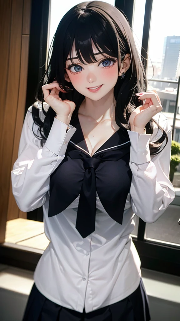 (masterpiece, Official Art), One girl, Black Hair, blue eyes, hair ornaments, Hair Clip, (school uniform), (shirt), (tie), (skirt), (Wet), (Upper Body), (close), (Huge breasts), No bra、sunlight,classroom、 View Viewer, Grin, Fascinating, blush, Attractive clothing, (close), (Place your hands behind your head), (Upper Body), Short Bob, fingering, transparent clothing, huge orgasm, sexual fluids, spreads pussy, sextoy, tight clothing, Squirting, random sexy position, ahegao