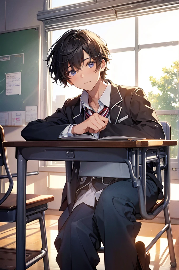 A high-quality and masterpiece image of a high school boy in the classroom, with beautiful detailed glow and light effects.