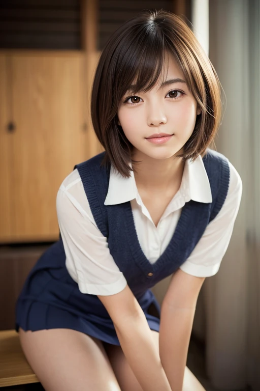 best quality, face focus, soft light, ultra high res, (photorealistic:1.4), RAW photo, 1japanese girl, solo, cute, (shy smile:0.5), (brown eyes, lights in the eyes), detailed beautiful face, (small chest),(high resolution detail of human skin texture), (short bob hair), BREAK, in classroom,navy , vest, skirt