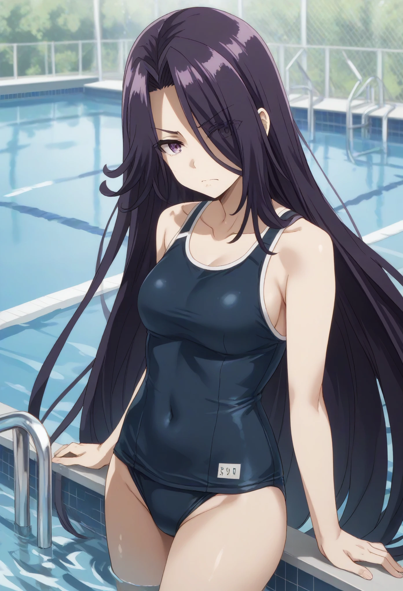 aurora,tall woman, long hair, purple hair, very long hair, purple eyes, hair over one eye,,on the pool,school swimsuit,disgust.shadow over eyes,looking downon viewer