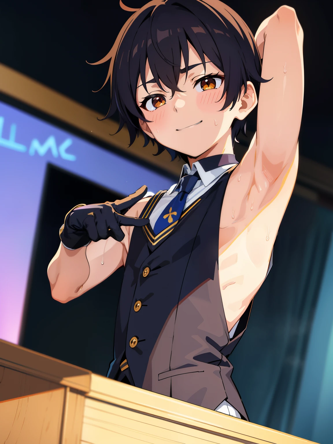 Highres, Masterpiece, Best quality at best,Best Quality,hight quality, hight detailed, Anime style, 1boy, Boy, Shota, Solo person, young boy, Sleeveless vest, bare shoulder, Tie, gloves, Choker, Casino, Waiter, night day, Slim body, smile, sweat, Body, Simple beckground, Seen from the front, (Showing armpit:1.3), age 12, (very young boy), (very small and short body), uhd