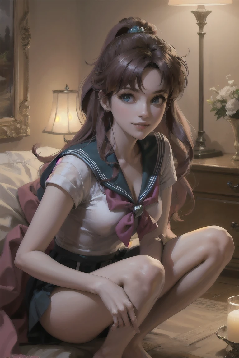 masterpiece, Highest quality, High resolution, Super detailed, smile, Woman with long red hair and bangs, Bright Blue Eyes, Beautiful girl looking at the camera, Sailor Warrior Uniforms,Front view, barefoot, night, Warm indoors, Image illuminated by a small lamp, Depth of written boundary, (Half Body: 0.6),