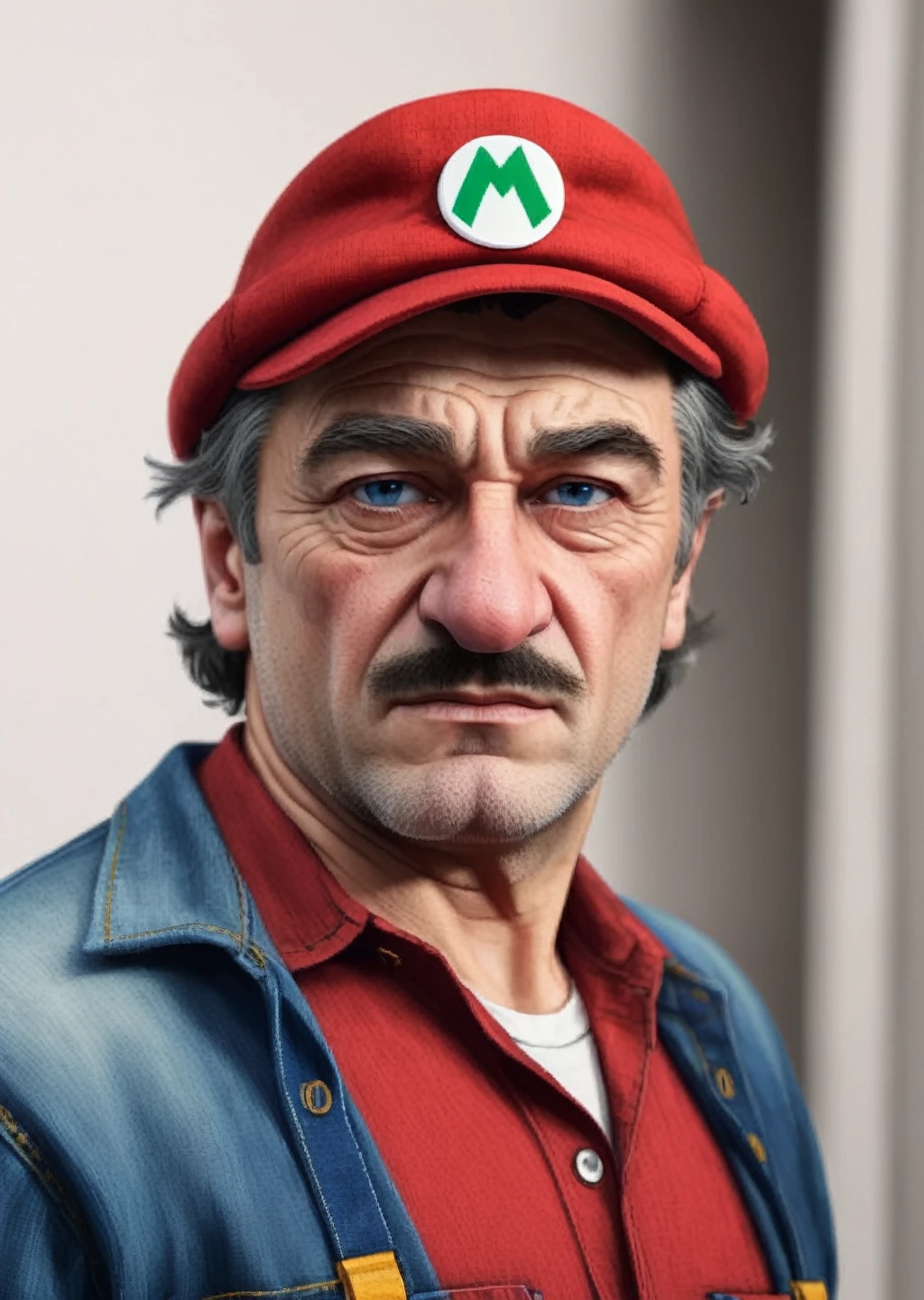 Solo, 1man, 20 year old italian man, looks like younger robert de niro, handsome, close up, Real life, Mario, 4k, pale skin, ultra realistic, round bulbous nose, black mustache, blue eyes, brown hair, black eyebrows, wearing Red fiddler cap, wearing red collared shirt, long sleeve shirt, wearing denim blue Overalls, white background, looking at the viewer, badass image, vivid colors, view from the side, slightly chubby,