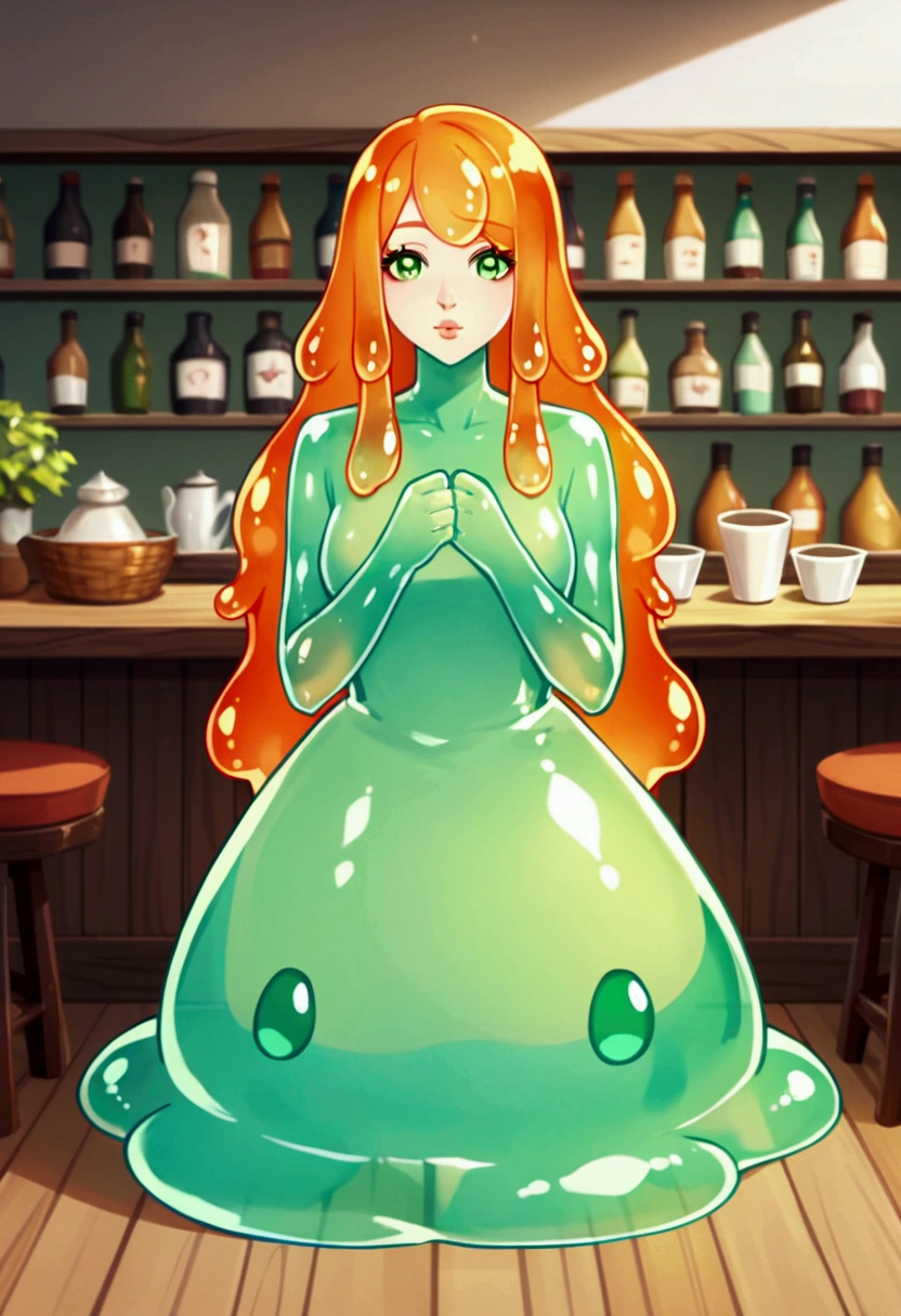 core_9, score_8_up, score_7_up, score_6_up, source_anime, A cute and tender slime girl sitting in a cafe, (alone), full lips, Long hair, orange hair, green eyes, pink lips, anime screencap, full body shot, slime girl, slimegirlsupremacy, slimegirlsfw