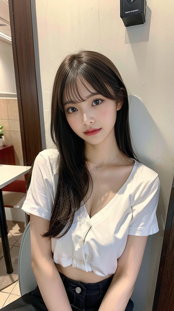 nsfw,Lunch with my cute G-cup high school sister at a fashionable cafe in Tokyo without a bra。Selfie taken with outstretched hands leaked on secret account。Selfie by the wall showing her and pussy。A summery brand of clothing with a loose fit around the chest。Sitting。masterpiece, best quality, Real Image, Super detailed, fine details, High resolution, 8k,wall paper, perfect dynamic composition,(Details High quality, realistic depiction of eyes:1.3),