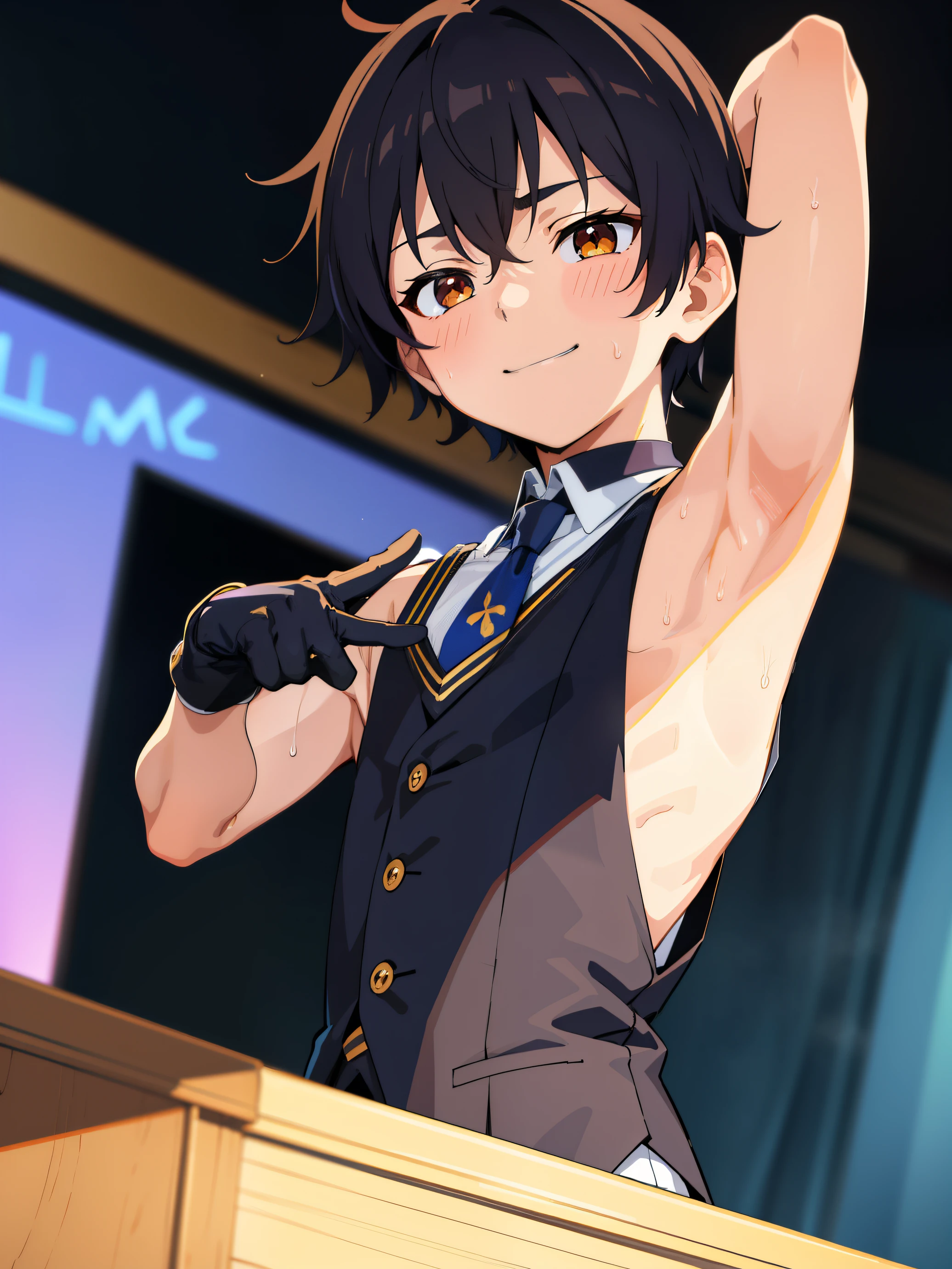 Highres, Masterpiece, Best quality at best,Best Quality,hight quality, hight detailed, Anime style, 1boy, Boy, Shota, Solo person, young boy, Sleeveless vest, bare shoulder, Tie, gloves, Choker, Casino, Waiter, night day, Slim body, smile, sweat, Body, Simple beckground, Seen from the front, (Showing armpit:1.3), age 12, (very young boy), (very small and short body), uhd