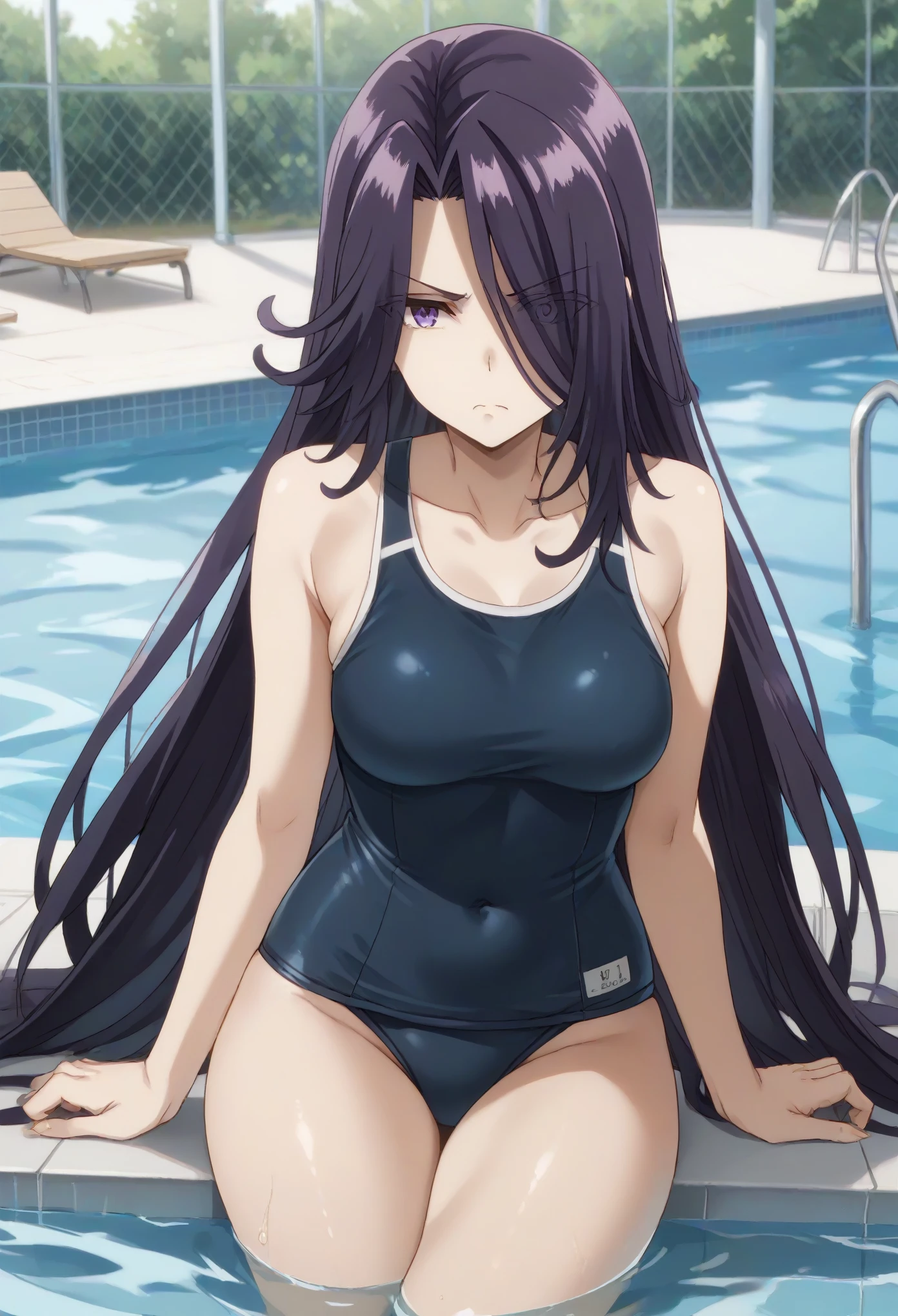 aurora,tall woman, long hair, purple hair, very long hair, purple eyes, hair over one eye,,on the pool,school swimsuit,disgust.shadow over eyes,looking downon viewer