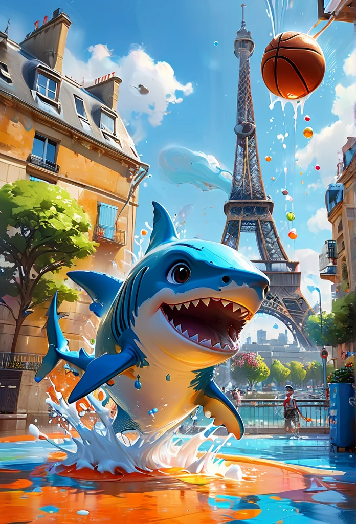 Splash Art, Cute Shark(Game Characters、Big eyes、Jumping around、Eiffel Tower in the background、Olympic Games、basketball、Basketball goal), wonderfulインスタグラム, Art Station, Colorful paint splash style+, Very detailed、Exquisitely crafted down to the last detail, Engine Unreal, wonderful, Details Complexity, Splash screen, Complementary Color, Realistic concept art, 8k resolution, deviantart masterpiece, Oil, Thick brushwork, Paint dripping, Splash Art,Paris,