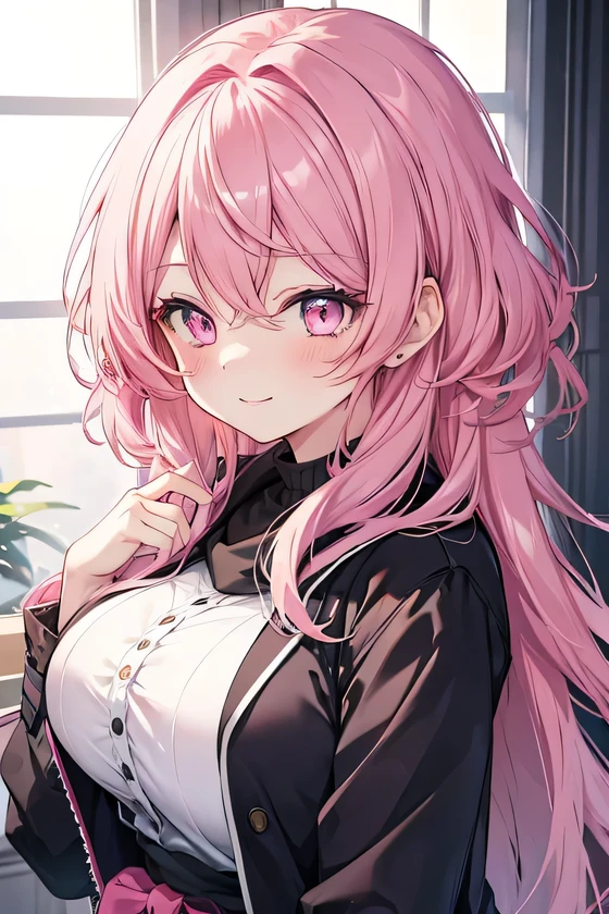 girl, cute anime girl, smiling, pink hair, long hair, messy hair, pink eyes, blushing, girl, big tits, beautiful hair style, (((Best Quality: 1.4))), black coat