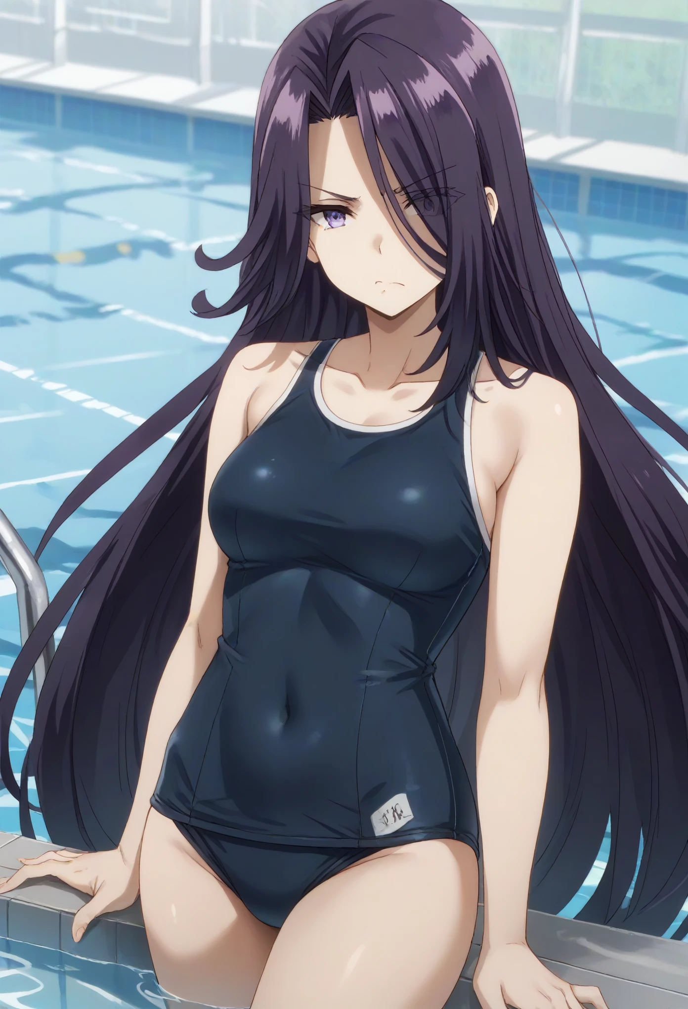 aurora,tall woman, long hair, purple hair, very long hair, purple eyes, hair over one eye,,on the pool,school swimsuit,disgust.shadow over eyes,looking downon viewer