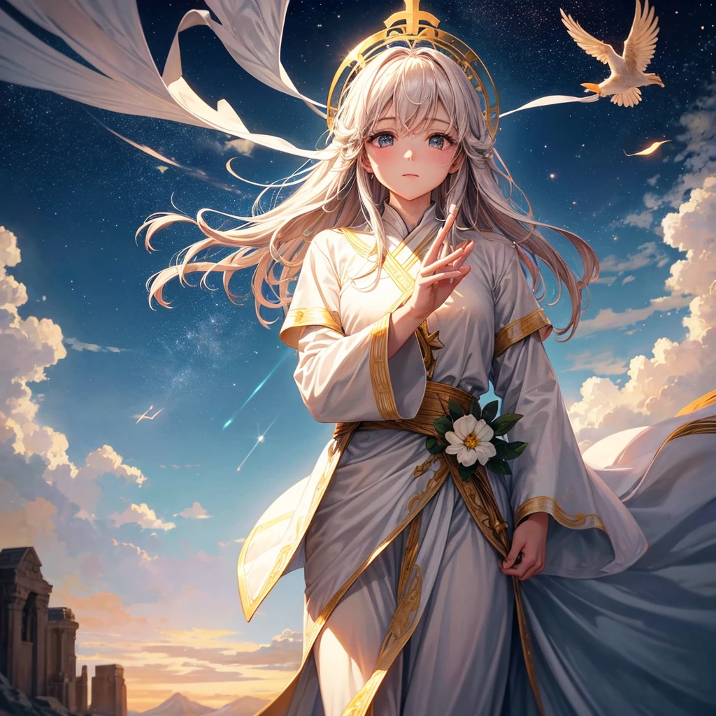 In the heavenly heights, floating majestically on a bright, ethereal cloud, is Jesus. The soft light of the setting sun bathes his figure in a golden aura as he gazes serenely at the Earth below. Your presence radiates peace and compassion. Dressed in a resplendent white robe, Jesus has an expression of profound kindness and wisdom on his face. His eyes, full of mercy and love, observe the world with a watchful and welcoming attention. The clouds around him glow with a heavenly luminosity, creating a scene of pure serenity and divinity. The sky in the background is a tapestry of soft colors – blues, pinks and golds – reflecting the harmony and peace of the moment. With one hand raised in a gesture of blessing, Jesus appears to be blessing the Earth, sending his love and protection to all human beings. Below, the Earth is seen in all its beauty and complexity, with sparkling oceans, majestic mountains and vast landscapes. The scene is a mix of tranquility and reverence, capturing a moment of divine connection between heaven and Earth. It is a vision that inspires hope and faith, reminding everyone of the constant and loving presence of Jesus.