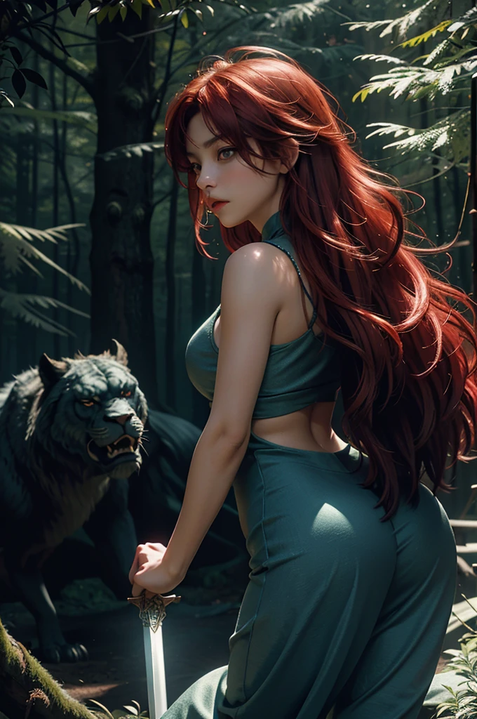 (glowing ambiance, enchanting radiance, luminous lighting, ethereal atmosphere, mesmerizing glow, evocative hues, captivating coloration, dramatic lighting, enchanting aura), 1girl, red hair, fluffy long hair, (from behind:1.5), beautiful legs, tall female, skinny, slim_legs, sitting, In a vast, sprawling world of towering spires and shimmering magic, a beautiful young woman stands at the edge of a dark forest. Her eyes glimmer with a sense of both fear and curiosity as she gazes out into the shadowy wilderness. Suddenly, a great roar echoes through the trees, and she turns to see a massive, hulking beast emerge from the shadows. Its fur is matted and tangled, and its eyes gleam with a fierce intelligence. The woman is frozen in terror for a moment, but then she takes a deep breath and draws a shining sword from its scabbard. With a fierce determination in her eyes, she prepares to face the beast head-on. Photographed by Roger Deakins, using a RED Monstro 8K camera and a series of high-end lenses, the lighting is a mix of cinematic lighting and practical effects, creating a sense of awe and majesty,realistic 