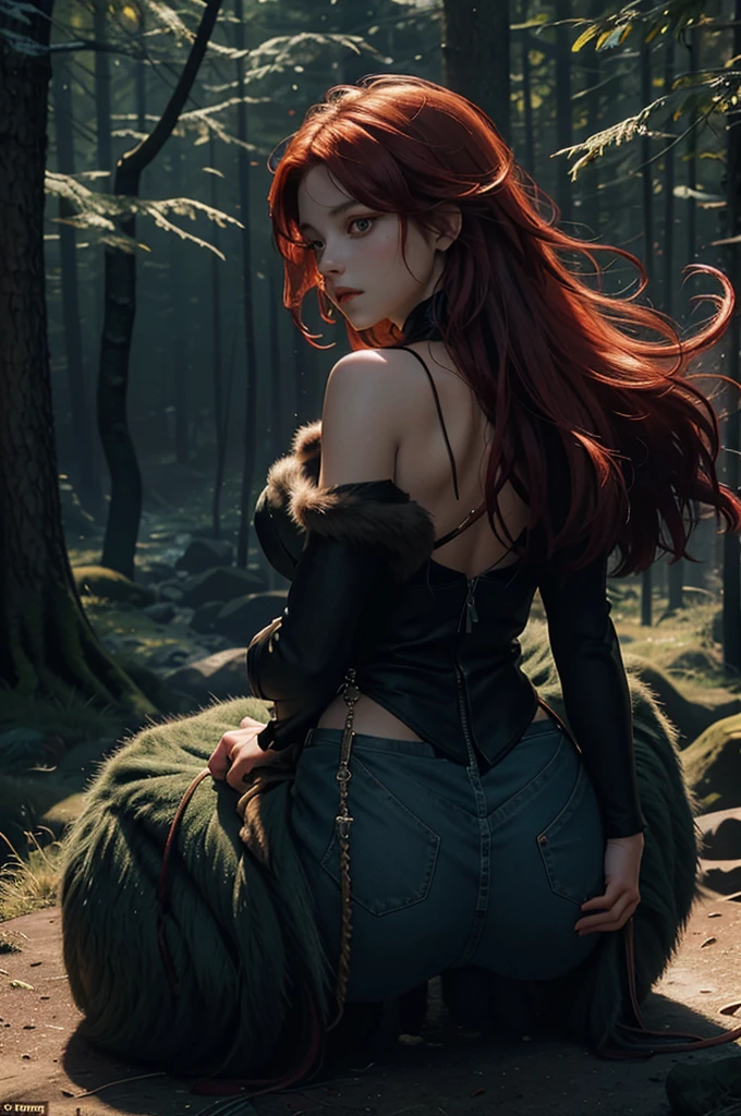(glowing ambiance, enchanting radiance, luminous lighting, ethereal atmosphere, mesmerizing glow, evocative hues, captivating coloration, dramatic lighting, enchanting aura), 1girl, red hair, fluffy long hair, (from behind:1.5), beautiful legs, tall female, skinny, slim_legs, sitting, In a vast, sprawling world of towering spires and shimmering magic, a beautiful young woman stands at the edge of a dark forest. Her eyes glimmer with a sense of both fear and curiosity as she gazes out into the shadowy wilderness. Suddenly, a great roar echoes through the trees, and she turns to see a massive, hulking beast emerge from the shadows. Its fur is matted and tangled, and its eyes gleam with a fierce intelligence. The woman is frozen in terror for a moment, but then she takes a deep breath and draws a shining sword from its scabbard. With a fierce determination in her eyes, she prepares to face the beast head-on. Photographed by Roger Deakins, using a RED Monstro 8K camera and a series of high-end lenses, the lighting is a mix of cinematic lighting and practical effects, creating a sense of awe and majesty,realistic 