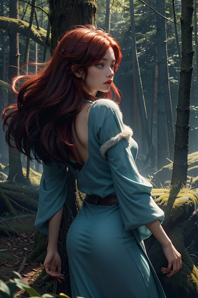 (glowing ambiance, enchanting radiance, luminous lighting, ethereal atmosphere, mesmerizing glow, evocative hues, captivating coloration, dramatic lighting, enchanting aura), 1girl, red hair, fluffy long hair, (from behind:1.5), beautiful legs, tall female, skinny, slim_legs, sitting, In a vast, sprawling world of towering spires and shimmering magic, a beautiful young woman stands at the edge of a dark forest. Her eyes glimmer with a sense of both fear and curiosity as she gazes out into the shadowy wilderness. Suddenly, a great roar echoes through the trees, and she turns to see a massive, hulking beast emerge from the shadows. Its fur is matted and tangled, and its eyes gleam with a fierce intelligence. The woman is frozen in terror for a moment, but then she takes a deep breath and draws a shining sword from its scabbard. With a fierce determination in her eyes, she prepares to face the beast head-on. Photographed by Roger Deakins, using a RED Monstro 8K camera and a series of high-end lenses, the lighting is a mix of cinematic lighting and practical effects, creating a sense of awe and majesty,realistic