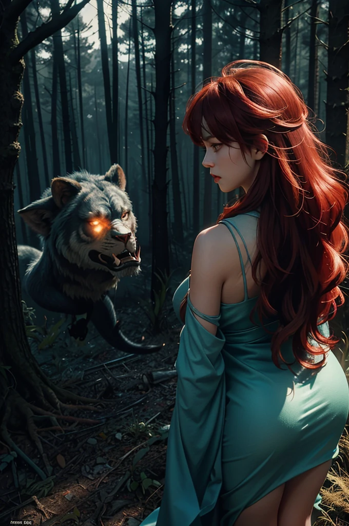 (glowing ambiance, enchanting radiance, luminous lighting, ethereal atmosphere, mesmerizing glow, evocative hues, captivating coloration, dramatic lighting, enchanting aura), 1girl, red hair, fluffy long hair, (from behind:1.5), beautiful legs, tall female, skinny, slim_legs, sitting, In a vast, sprawling world of towering spires and shimmering magic, a beautiful young woman stands at the edge of a dark forest. Her eyes glimmer with a sense of both fear and curiosity as she gazes out into the shadowy wilderness. Suddenly, a great roar echoes through the trees, and she turns to see a massive, hulking beast emerge from the shadows. Its fur is matted and tangled, and its eyes gleam with a fierce intelligence. The woman is frozen in terror for a moment, but then she takes a deep breath and draws a shining sword from its scabbard. With a fierce determination in her eyes, she prepares to face the beast head-on. Photographed by Roger Deakins, using a RED Monstro 8K camera and a series of high-end lenses, the lighting is a mix of cinematic lighting and practical effects, creating a sense of awe and majesty,realistic