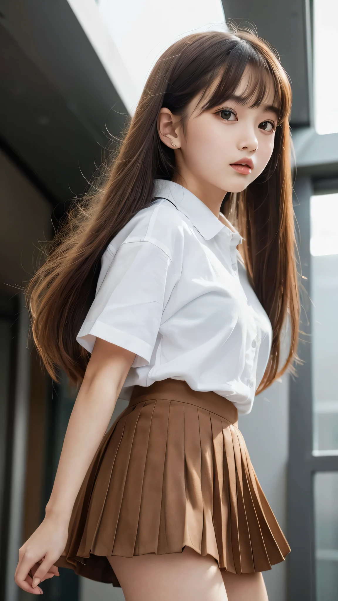 (1young girl), kawaii, (backwards:1.5), looking back, (highly detailed Beautiful face), Amazing face and eyes, (Best Quality:1.4), (Ultra-detailed), (extremely detailed CG unified 8k wallpaper), Highly detailed, High-definition raw color photos, Professional Photography, Realistic portrait, (short sleeve , pleated mini skirt:1.3), twintails, brown hair, model, depth of fields, School, classroom, (view from below:1.3),