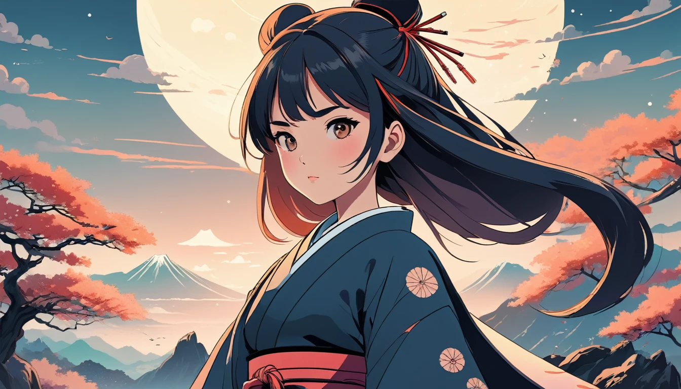 Female samurai, Wide-angle lens, Lofi Anime, Lofi illustration, Aesthetic atmosphere, Lo-Fi Style, Vector art, Flat Design, Simple shape, Warm tones, Pleasant atmosphere, Chill, In anime style, Digital drawing, Vector art, Vector logo for t-shirt printing, (Adorable:1.5), (small:1.4), (Playful:1.2), (soft:1.3), (Whimsical:1.1), masterpiece, Highest quality, 8k, Intricate details, grow, Celestial, Mysterious, Picturesque, amazing, Majestic, Magic, Fantasy art, Cover art, dream-like