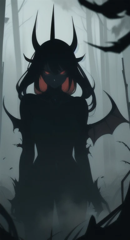 Foggy Forest, ancient female creature, demonic silhouette, devil shadow figure, red eyes, eyes in the fog, rotting, looking dead, torn wings, 