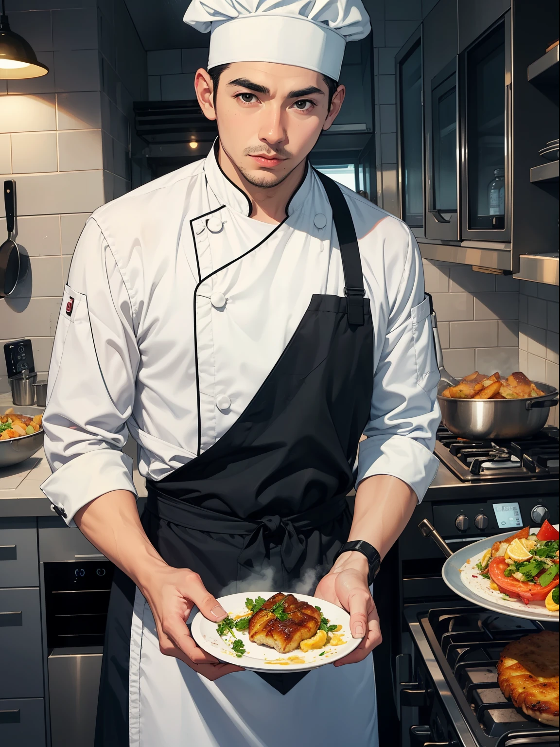 a male chef who teaches how to make recipes holding cell phone