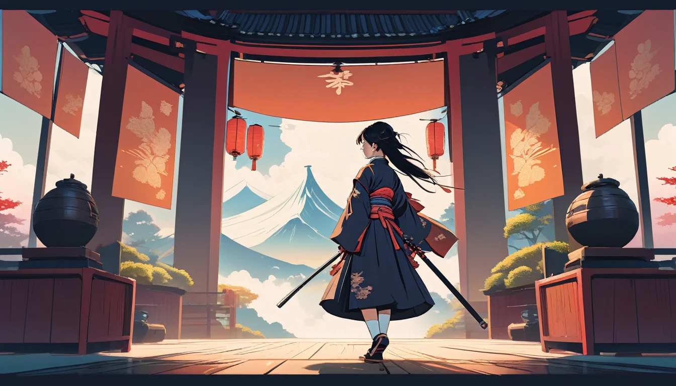 Female samurai, Wide-angle lens, Lofi Anime, Lofi illustration, Aesthetic atmosphere, Lo-Fi Style, Vector art, Flat Design, Simple shape, Warm tones, Pleasant atmosphere, Chill, In anime style, Digital drawing, Vector art, Vector logo for t-shirt printing, (Adorable:1.5), (small:1.4), (Playful:1.2), (soft:1.3), (Whimsical:1.1), masterpiece, Highest quality, 8k, Intricate details, grow, Celestial, Mysterious, Picturesque, amazing, Majestic, Magic, Fantasy art, Cover art, dream-like