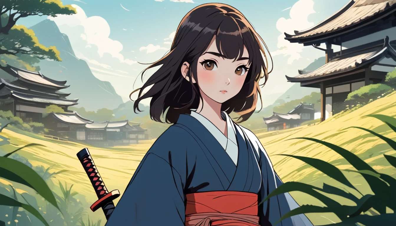 Female samurai, Wide-angle lens, Lofi Anime, Lofi illustration, Aesthetic atmosphere, Lo-Fi Style, Vector art, Flat Design, Simple shape, Warm tones, Pleasant atmosphere, Chill, In anime style, Digital drawing, Vector art, Vector logo for t-shirt printing, (Adorable:1.5), (small:1.4), (Playful:1.2), (soft:1.3), (Whimsical:1.1), masterpiece, Highest quality, 8k, Intricate details, grow, Celestial, Mysterious, Picturesque, amazing, Majestic, Magic, Fantasy art, Cover art, dream-like