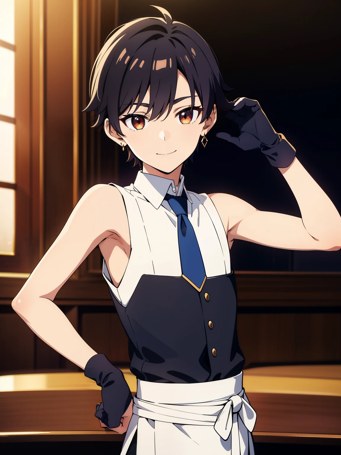 Highres, Masterpiece, Best quality at best,Best Quality,hight quality, hight detailed, Anime style, 1boy, Boy, Shota, Solo person, young boy, Sleeveless vest, bare shoulder, Tie, gloves, Choker, Casino, Waiter, night day, Slim body, smile, earring, Body, Simple beckground, Seen from the front, (Showing armpit:1.3), , (very y boy), (very small and short body), uhd