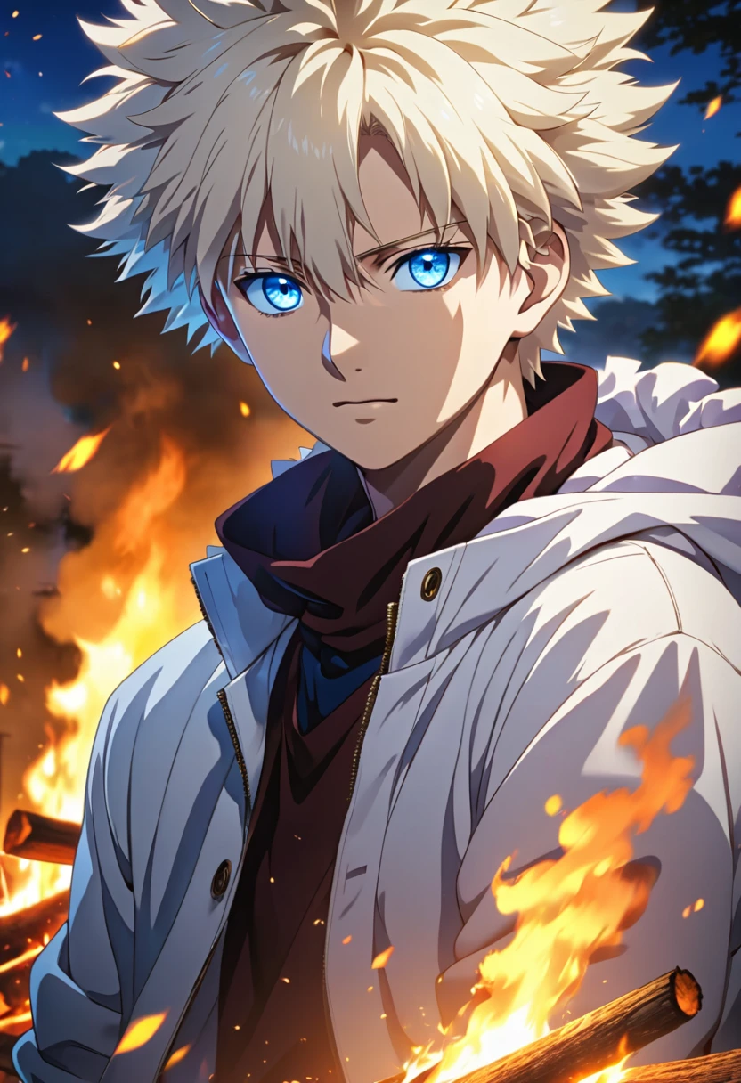 anime guy with blonde hair and blue eyes in front of a bonfire, Killua Zoldyck black hair, nagito komaeda, Killua Zoldyck portrait, Killua Zoldyck, tall anime guy with blue eyes, male anime character, epic anime shot 8k hd, main visuals of the anime, blonde boy with yellow eyes