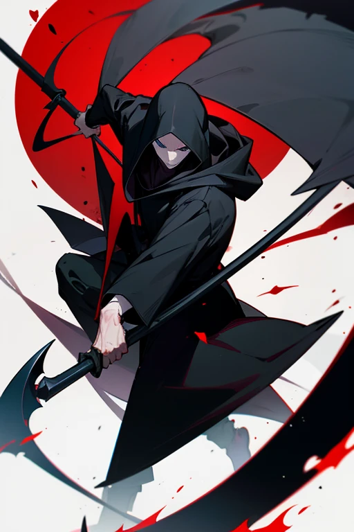 A man, 25 years old, (solo), full body, black short hair, red eyes, black cloak, Sword with red blade