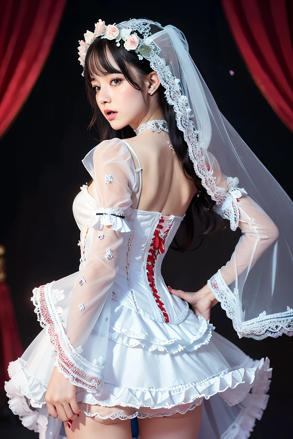 ((extremely detailed CG unity 8k wallpaper)), masterpiece, ultra-detailed, floating, high resolution, sexually suggestive, (petite, absurdly long white hair, princess, white mage, blue eyes, (ornate long white and red see through layered long dress with long detached wide sleeves and intricate embroidery), bridal veil, circlet, bridal gauntlets, blushing, shy, arched back, ruffled petticoat, ornate corset, Rose for Blackpink.