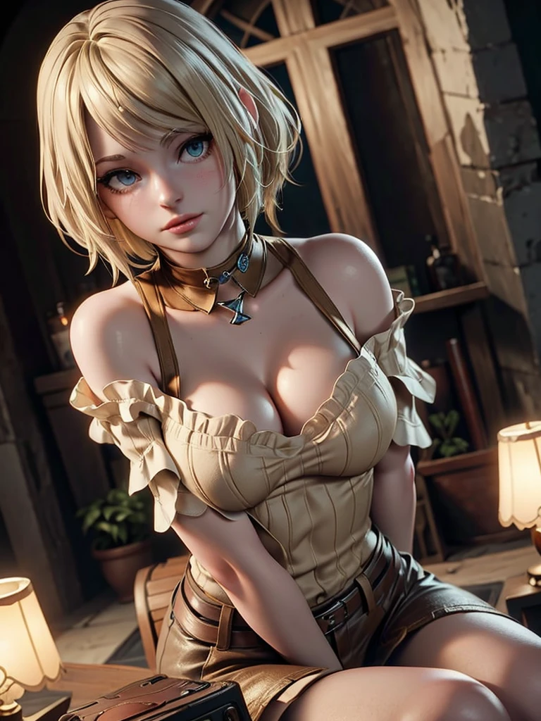 Ashley Graham cute girl re4,highest quality, masterpiece, ultra high resolution, (realistic: 1.4), , 1 girl, off shoulder, cinematic lighting, huge tits nude , heterochromia, blonde hair long ,
