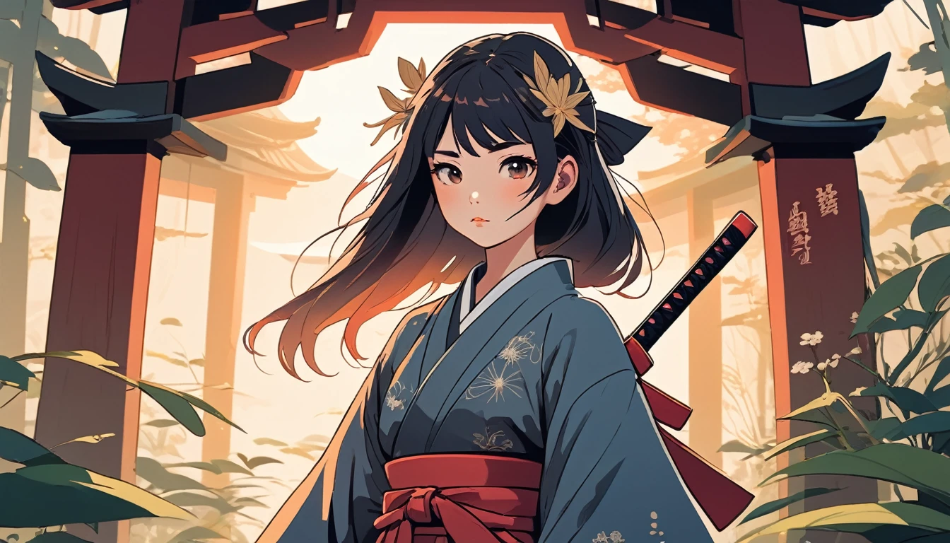 Female samurai, Wide-angle lens, Lofi Anime, Lofi illustration, Aesthetic atmosphere, Lo-Fi Style, Vector art, Flat Design, Simple shape, Warm tones, Pleasant atmosphere, Chill, In anime style, Digital drawing, Vector art, Vector logo for t-shirt printing, (Adorable:1.5), (small:1.4), (Playful:1.2), (soft:1.3), (Whimsical:1.1), masterpiece, Highest quality, 8k, Intricate details, grow, Celestial, Mysterious, Picturesque, amazing, Majestic, Magic, Fantasy art, Cover art, dream-like