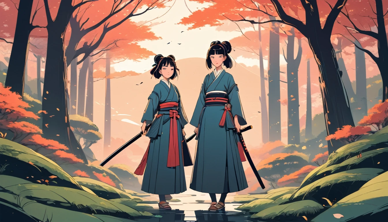 Female samurai, Wide-angle lens, Lofi Anime, Lofi illustration, Aesthetic atmosphere, Lo-Fi Style, Vector art, Flat Design, Simple shape, Warm tones, Pleasant atmosphere, Chill, In anime style, Digital drawing, Vector art, Vector logo for t-shirt printing, (Adorable:1.5), (small:1.4), (Playful:1.2), (soft:1.3), (Whimsical:1.1), masterpiece, Highest quality, 8k, Intricate details, grow, Celestial, Mysterious, Picturesque, amazing, Majestic, Magic, Fantasy art, Cover art, dream-like
