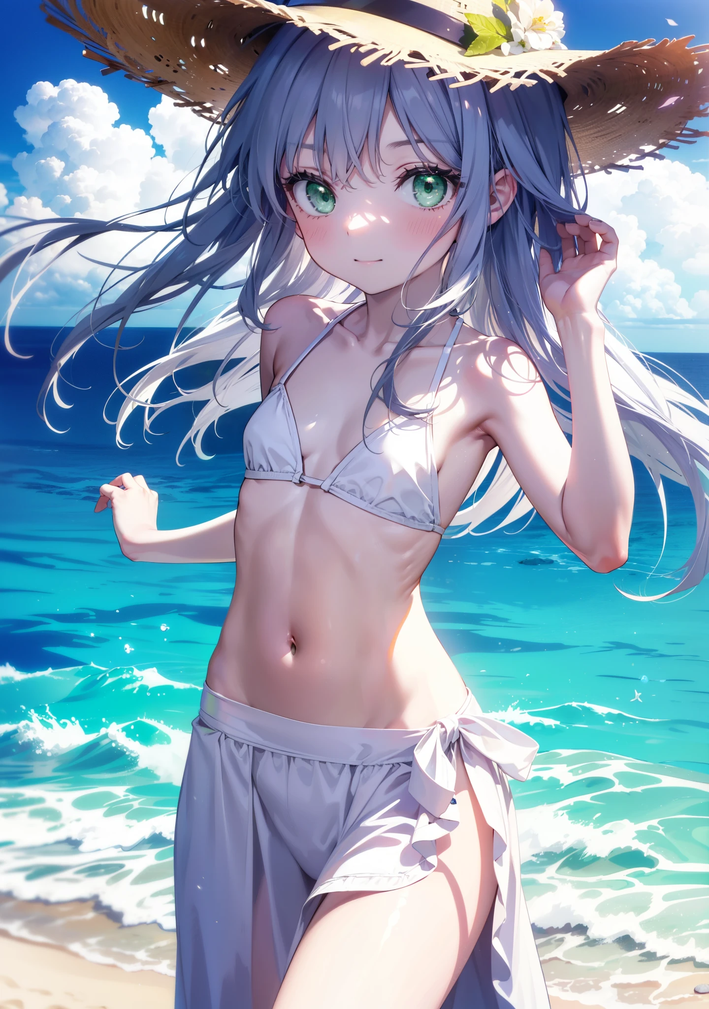 index, index, (Green Eyes:1.5), Silver Hair, Long Hair, (Flat Chest:1.2),happy smile,blush,Straw hat,White string bikini swimsuit,Pareo Swimsuit,A long skirt made of thin fabric tied around the waist,へそ出し whole bodyがイラストに入るように,Strolling on the sandy beach,
break outdoors, Beach,
break looking at viewer, whole body, (Cowboy Shot:1. 5),
break (masterpiece:1.2), Highest quality, High resolution, unity 8k wallpaper,, (shape:0.8), (Beautiful attention to detail:1.6), Highly detailed face, Perfect lighting, Extremely detailed CG, (Perfect hands, Perfect Anatomy),