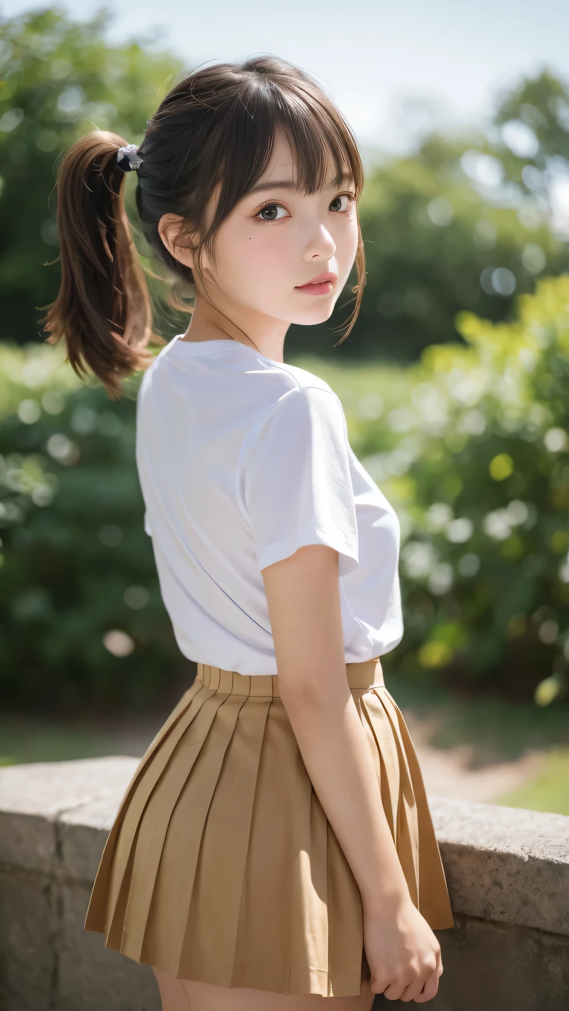 (1young girl), (backwards:1.5), looking back, (highly detailed Beautiful face), kawaii, Amazing face and eyes, (Best Quality:1.4), (Ultra-detailed), (extremely detailed CG unified 8k wallpaper), Highly detailed, High-definition raw color photos, Professional Photography, Realistic portrait, (short sleeve , pleated mini skirt:1.3), twintails, brown hair, model, depth of fields, School, classroom, (view from below:1.3),