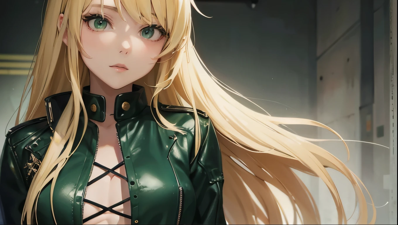 Korean、Anime girl with blonde hair and wearing a green leather jacket posing for the camera, blonde anime girl with long hair, Created by Anime Painter Studio, The finer details. Girls&#39; Frontline, Painted in an anime artist&#39;s studio, Detailed digital anime art, Portrait of a female anime hero, Detailed portrait of an anime girl, Digital anime illustration, from Girls&#39; Frontline, anime style like fate/Stay Night