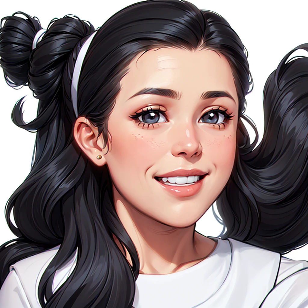  woman wears a cute outfit, (((half up half down hairstyle)), loose hair, showing forehead, smile, black hair, white skin, comic style, white background, black coloreyes, asian