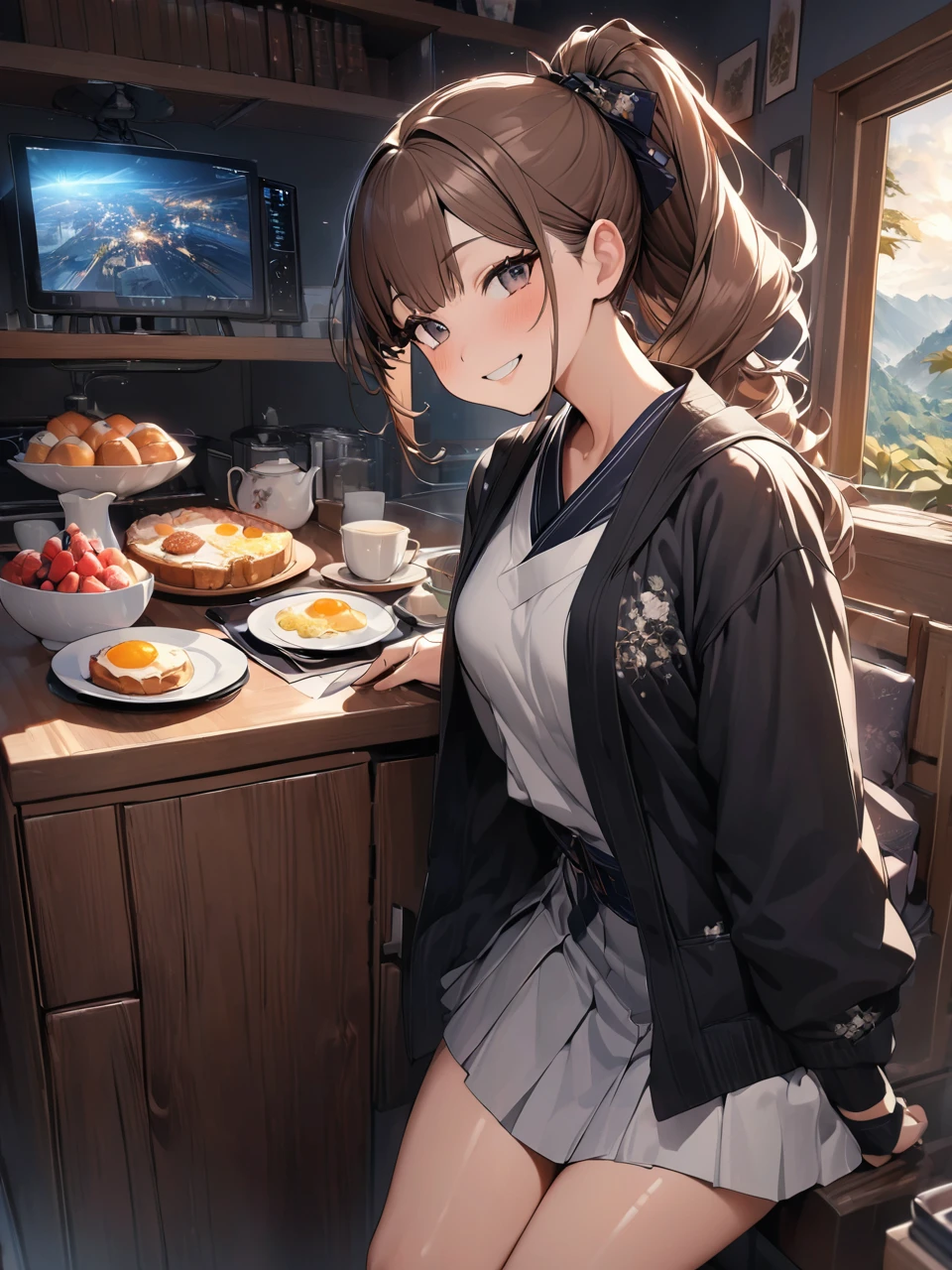 Highest quality, Highest quality, 16K, Unbelievably absurd, Very detailed, 2.5D, delicate and dynamic,Japanese women,22 years old,Private Server,ponytail,Brown Hair,Shiny Hair,smile,Wink,Inside the house,breakfast