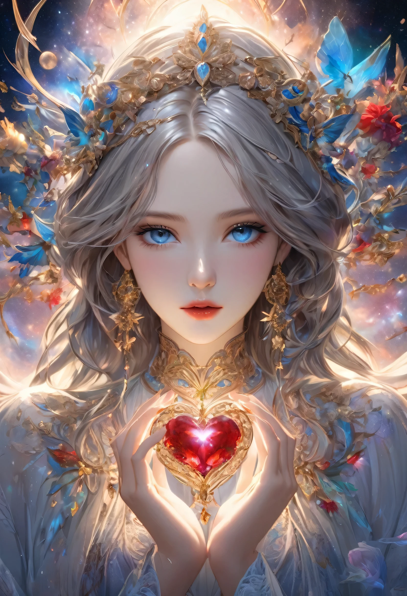 Charming, woman, stunning, slender, Delicate face, Light skin, Gray hair, Detailed blue eyes, Full lips, Delicate chin, long hair, Braided, upper part of the body, delicate garments in almost transparent fabric, light blue with gold embroidery, holds in his hands a red crystal heart-shaped jewel, shiny, intricate and detailed jewelry, looking at the viewer, detailed background, detailed face, (bohoai, boho theme: 1.1) (bright eyes: 1.05), star constellation vivid, zodiac, horoscope, at peace, calm, twins, symbolism, astral energy, bright white lights, cosmic light, flower, metaphysics, lighting, stardust, backlighting, cosmic space background, ethereal atmosphere, high quality.