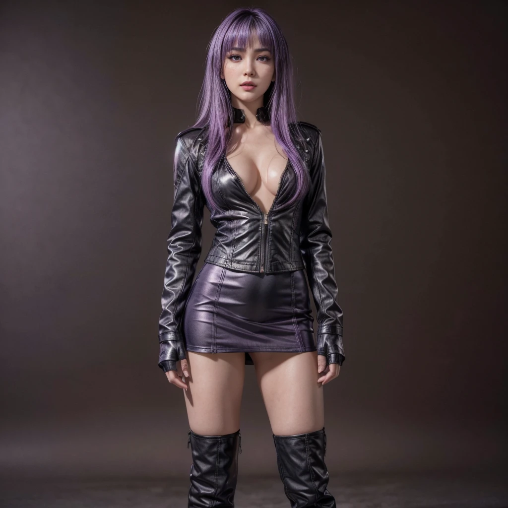 Ayane, Purple hair, (best quality, Ultra-detailed), (realistic:1.37), beautiful and detailed face, ultra-realistic texture, delicate face, delicate body, red lipstick, long-lasting colors. high definition, 8K. with a serious and very expressive expression in the eyes.