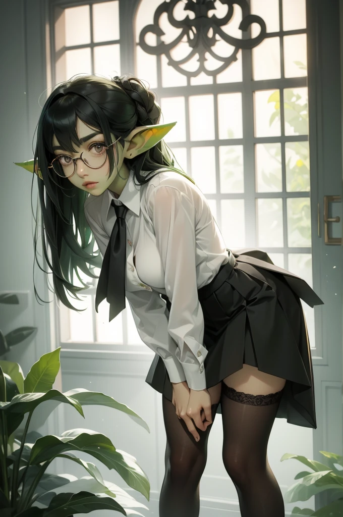 ((best quality)), ((masterpiece)), (detailed), perfect face, 3 foot tall girl wearing white button down shirt and black skirt, green skin, pointy ears, wearing black thigh high stockings, and black pumps, very shy, tiny breasts, wearing black rimmed glasses, short dark green hair, standing, bowing to camera, bowing to viewer, saying thank you, grateful