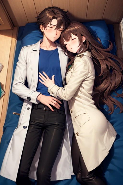 ((best quality)), ((masterpiece)), (detailed), a couple, a boy and a girl, 1 boy, full body, 19 years old, brown hair with white tips, somewhat long hair, bangs, green eyes, sleeping, tall and thin, thin, long beige trench coat, open trench coat, black fingerless gloves, white wristbands, white t-shirt with blue I-shaped emblem, letter I, black pants, 1 girl, full body, 19 years old, young adult, somewhat short, purple eyes, brown hair, somewhat wavy hair, long hair, lock of hair on forehead, asleep, blushing, scientist's coat, blue shirt, black pants, lying in bed, sleeping on boy's shoulder, romantic moment, bedroom background, anime