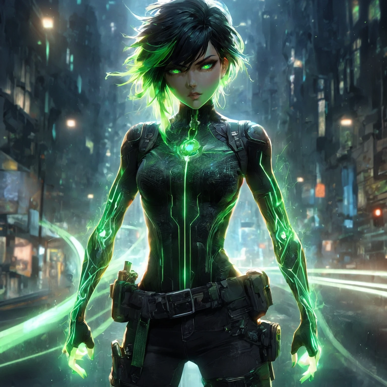 a girl with Slim, athletic build,Short, edgy hair with streaks of neon green,Intense, glowing green eyes,Fitted, (nude:0.9), NSFW, dark top with glowing green circuitry,standing in front of a city,Sleeveless or short-sleeved, showcasing glowing energy patterns on her arms,High-tech harness with energy nodes,Fingerless gloves with energy conduits,Dark, fitted pants with utility pockets,Belt with energy capsules and gadgets,Confident, determined expression,Energetic aura surrounding her hands and body, detailed gorgeous face| anime style| key visual| intricate detail| highly detailed| breathtaking| vibrant| panoramic| cinematic| Carne Griffiths| Conrad Roset| gibbli 8k