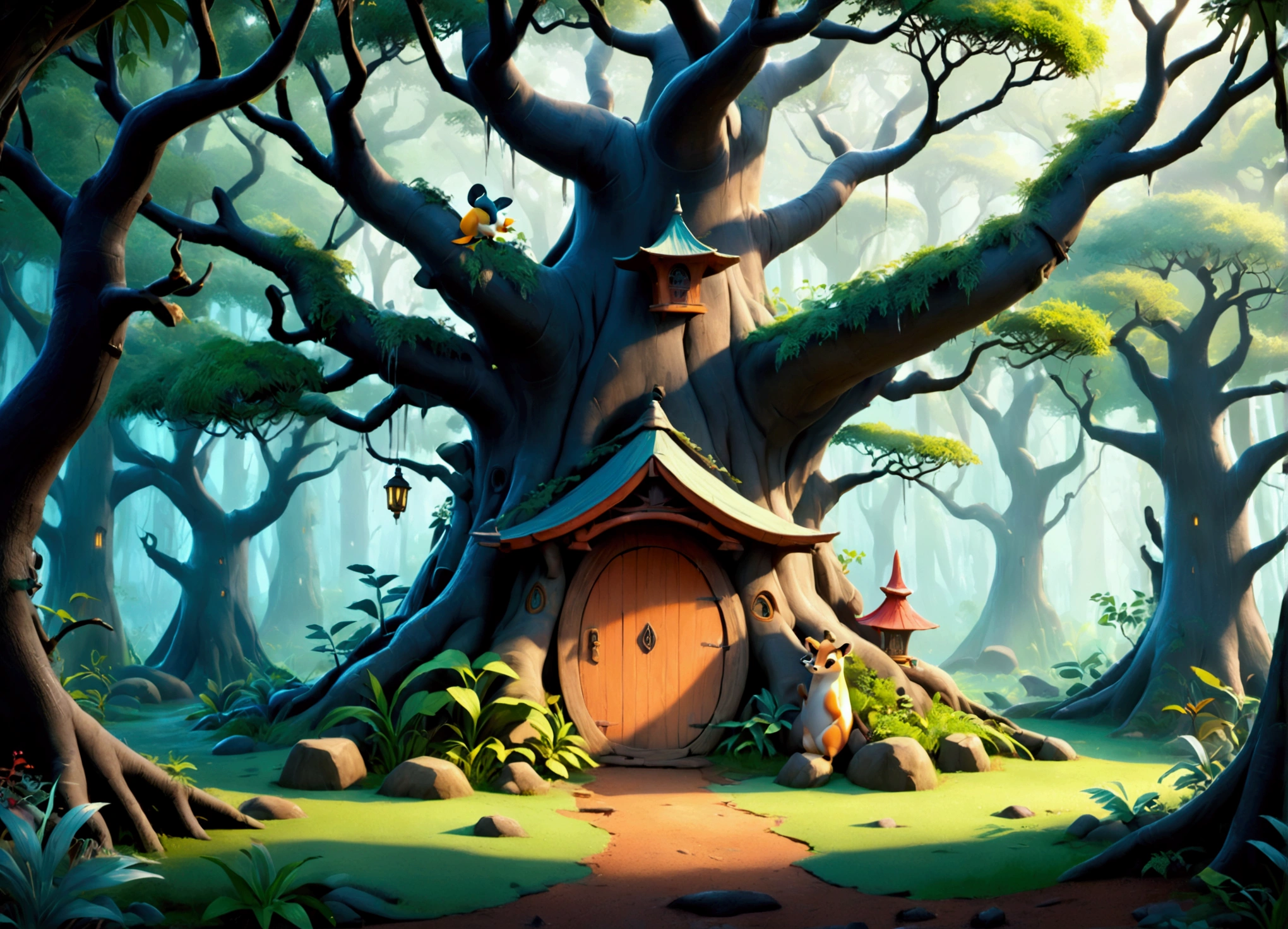 A breathtaking 3D rendering of a magical, Disney-styled forest with ancient trees and rain falling enhances the scene. The enchanted forest is filled with (((a lot of wild animal  empty dens))), a few  of which have one cartoon-style  simple chimneys and cartoon-style wooden doors. Some dens have gates in front of them. around the dens. The forest is silent and solitaire, no animals  around, only trees and empty dens. The vibrant colors and brushstrokes reminiscent of Ukiyo-e art give the image a unique and captivating appearance. The overall atmosphere is cinematic and evokes a sense of wonder, transporting viewers into a fantastical world.