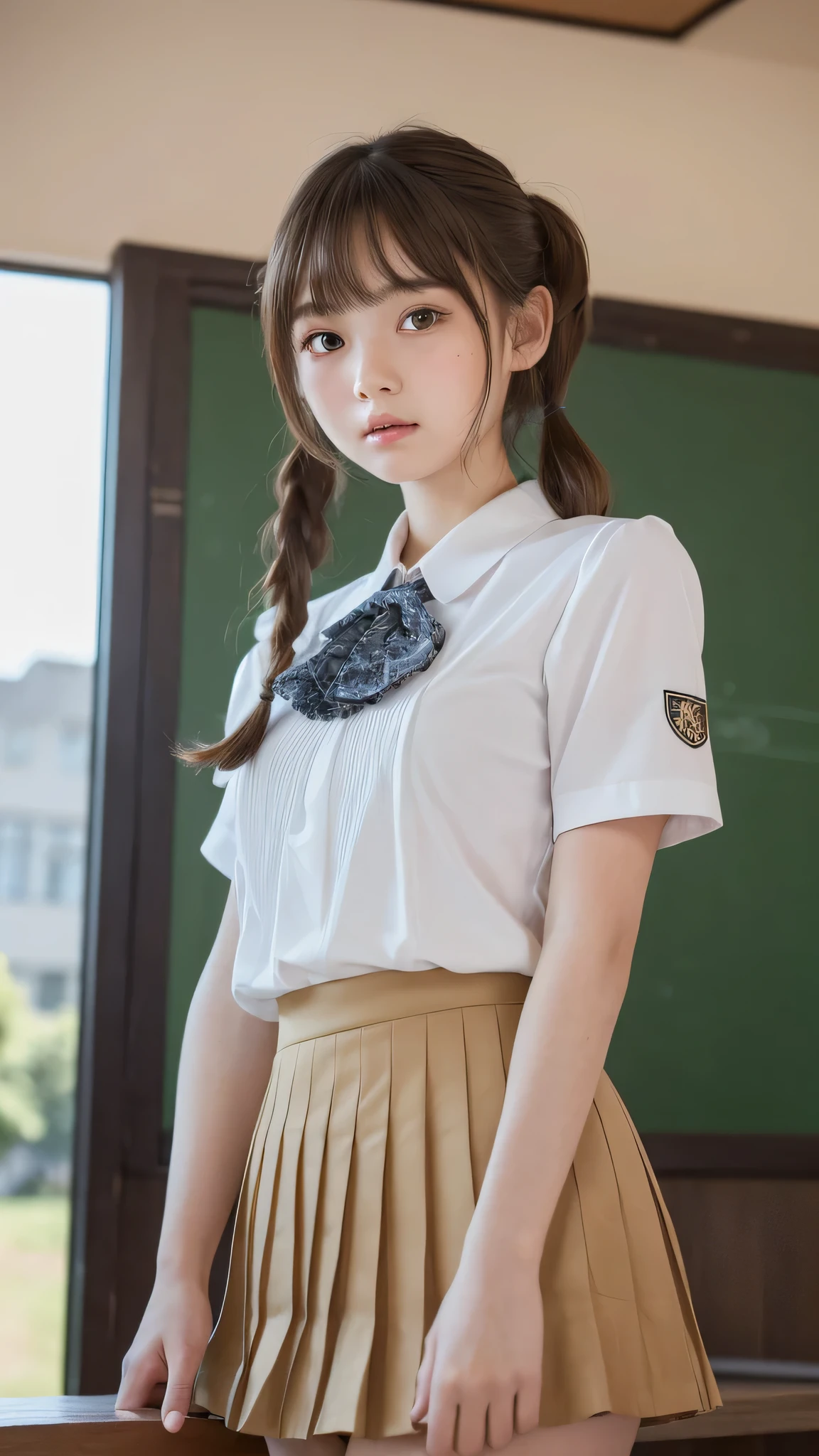 (1ung girl), (highly detailed Beautiful face), kawaii, Amazing face and eyes, (Best Quality:1.4), (Ultra-detailed), (extremely detailed CG unified 8k wallpaper), Highly detailed, High-definition raw color photos, Professional Photography, Realistic portrait, (short sleeve , pleated mini skirt:1.3), twintails, brown hair, model, depth of fields, School, classroom, (view from below:1.3),