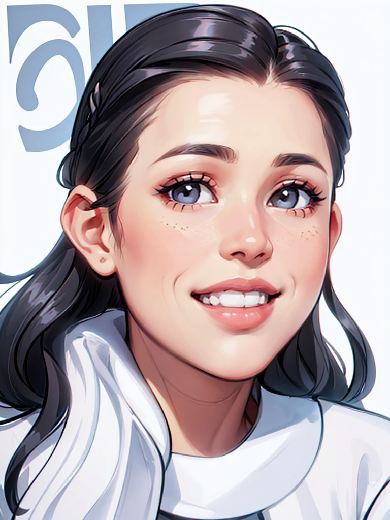 woman wears a cute outfit, white outfit, (((half up half down hairstyle)), loose hair, showing forehead, smile, black hair, white skin, comic style, white background, black coloreyes, asian