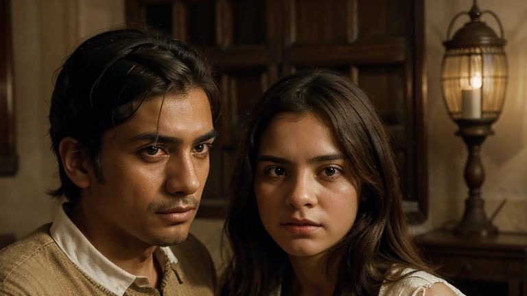 "Miguel and Sofía, Sofía is an 8-year-old girl looking at Miguel, who has a distant gaze, early 20th century, Miguel is wearing period trousers and a shirt, and Sofía is wearing a simple period dress, inside the hacienda on the first floor, Miguel with a distant gaze while Sofía describes the man, decorated walls and an antique clock can be seen in the background, close-up shot focusing on the expressions of Miguel and Sofía, hyper-realistic style, photo realism, cinematography."