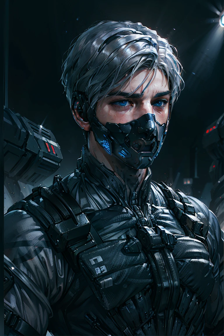 {Best Quality, 8k, Masterpiece}, ((Realistic)), [male], [white hair], (blue eyes), [[middle part haircut]], (handsome), (young boy), (Kpop Idol), (tech mask)