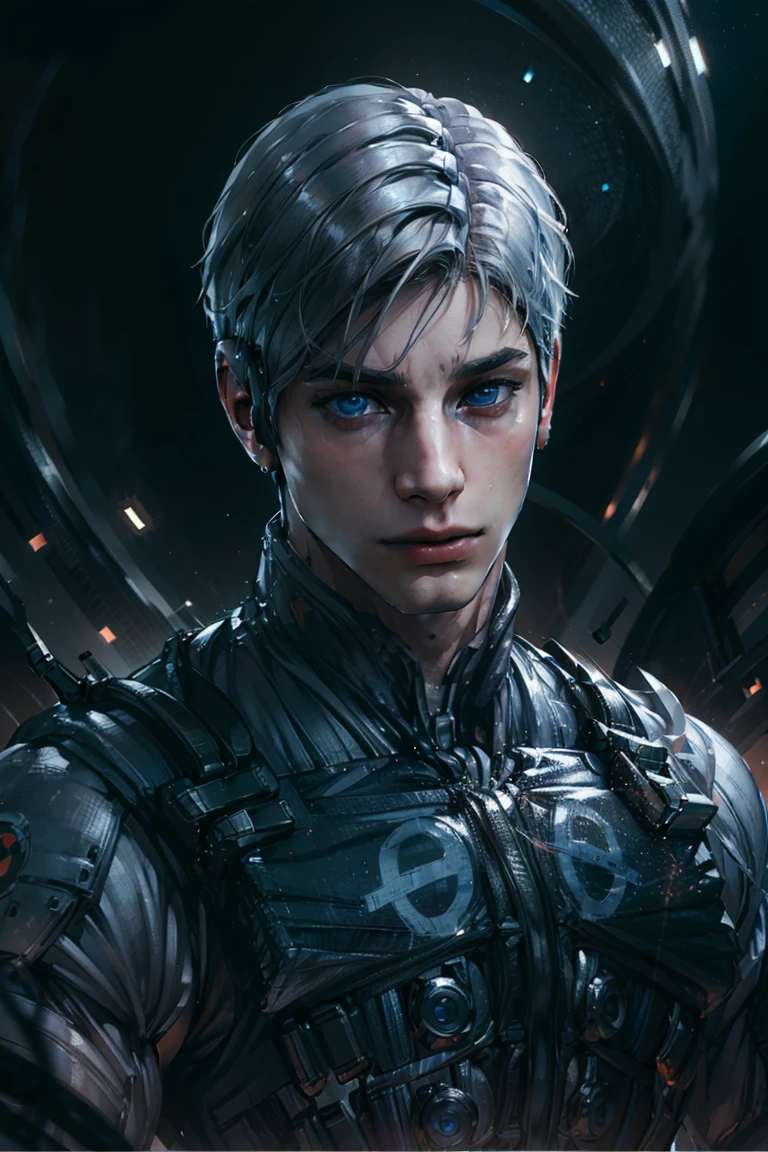 {Best Quality, 8k, Masterpiece}, ((Realistic)), [male], [white hair], (blue eyes), [[middle part haircut]], (handsome), (young boy), (Kpop Idol), (tech mask)